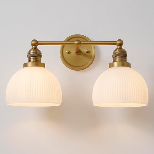 Miniatura 1 de Aplique de pared dorado de 2 luces, aplique de pared vintage para baño, con vidrio de leche, doble brazo de latón, lámpara de tocador para sala de