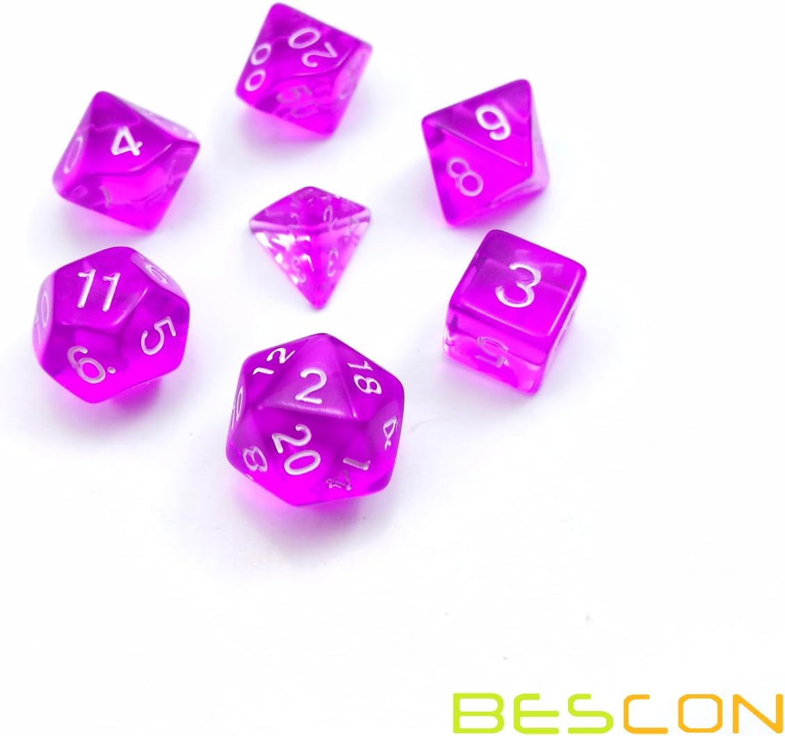 Bescon Mini Translucent Polyhedral RPG Dice Set 10MM, Small RPG Role Playing Game Dice Set D4-D20 in Tube, Transparent Purple