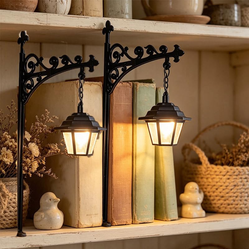 Vintage Hanging Lantern Bookshelf Lamp Warm LED Night Light Insertable Iron Bracket Mini Pendant Light Shelf Lighting for Reading Nook Desk Study Gift for Book Lovers (2PC)
