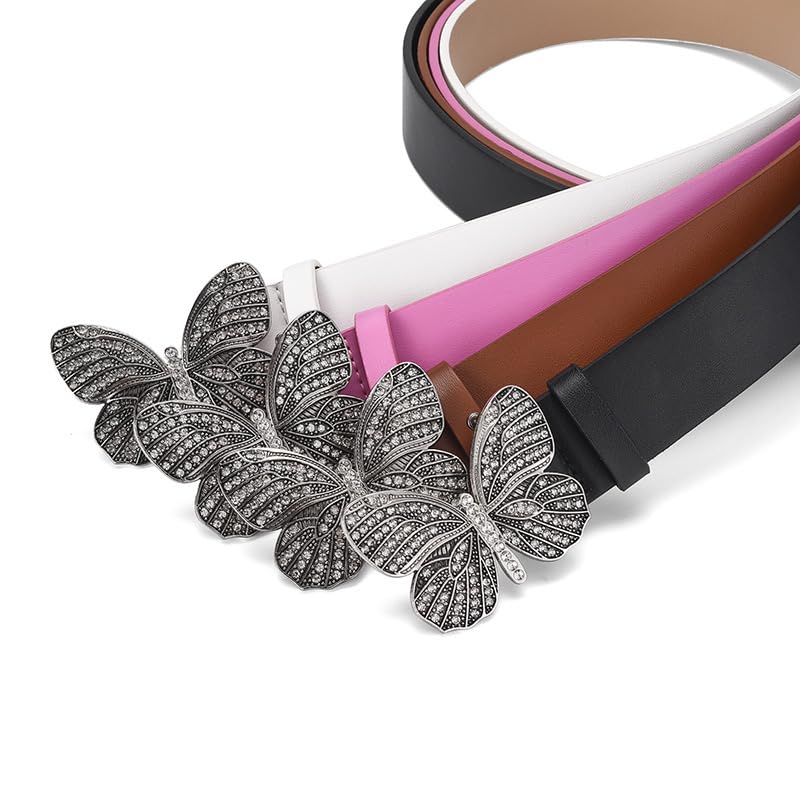 Women's Faux Leather Belt, Waist Belt With Butterfly Rhinestone Buckle4