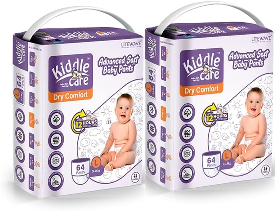 Kiddle Care Advanced Soft Baby Pants Diaper, Large (L Size)_(64 Count), Leak Proof, Up to12 Hours Protection, Wetness Indicator,(Pack of 2)_(9-14 Kg)