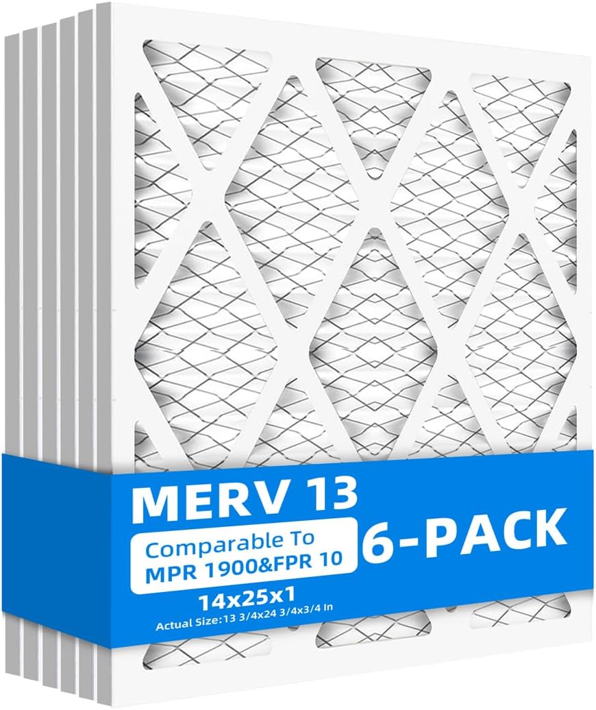 (6 Pack) 14x25x1 Air Filters, MPR 1900 & FPR 10, MERV 13 Pleated Air Filter (Actual Size: 13.75" x 24.75" x 0.75")