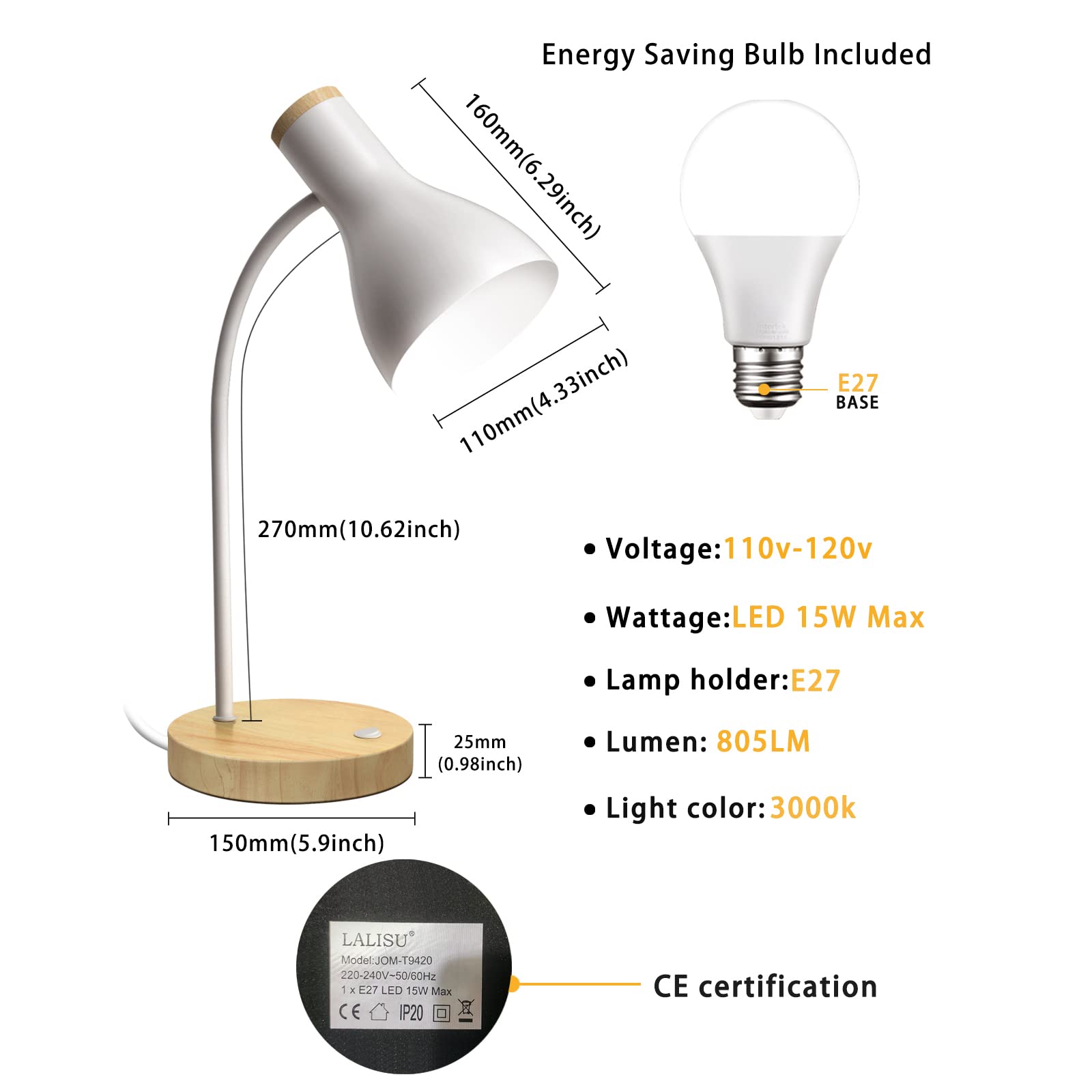 LALISU Tischlampe Basic LED Leselampe im Klassichen Holz-Design, Schreibtischlampe Augenschutz Tageslichtlampe, Verstellbarem Arm (Weiß)