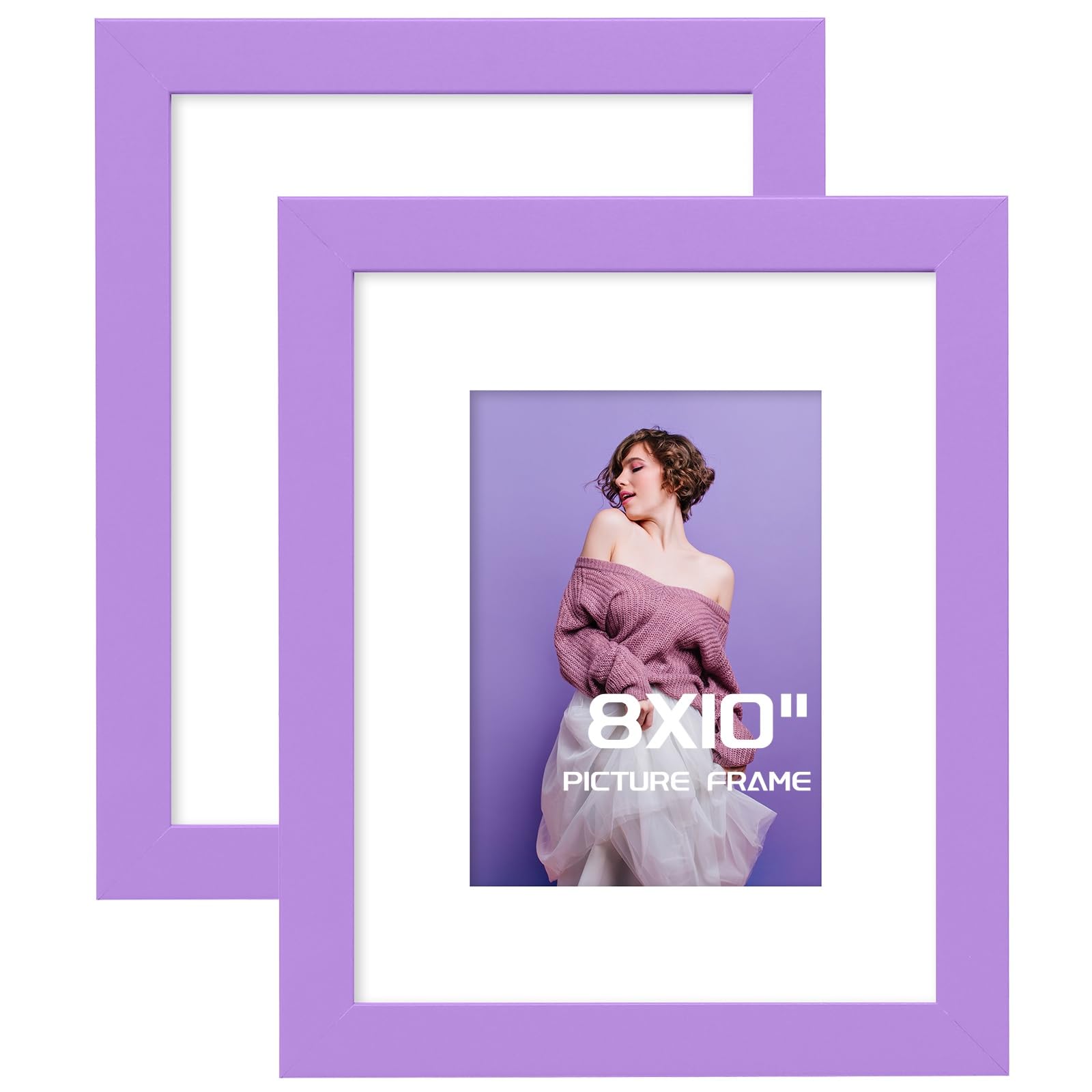 Muzilife 8x10 Purple Wood Picture Frame with Real Glass Cover, Display Pictures 5x7 with Mat or 8x10 Without Mat for Wall or Tabletop, 2pcs