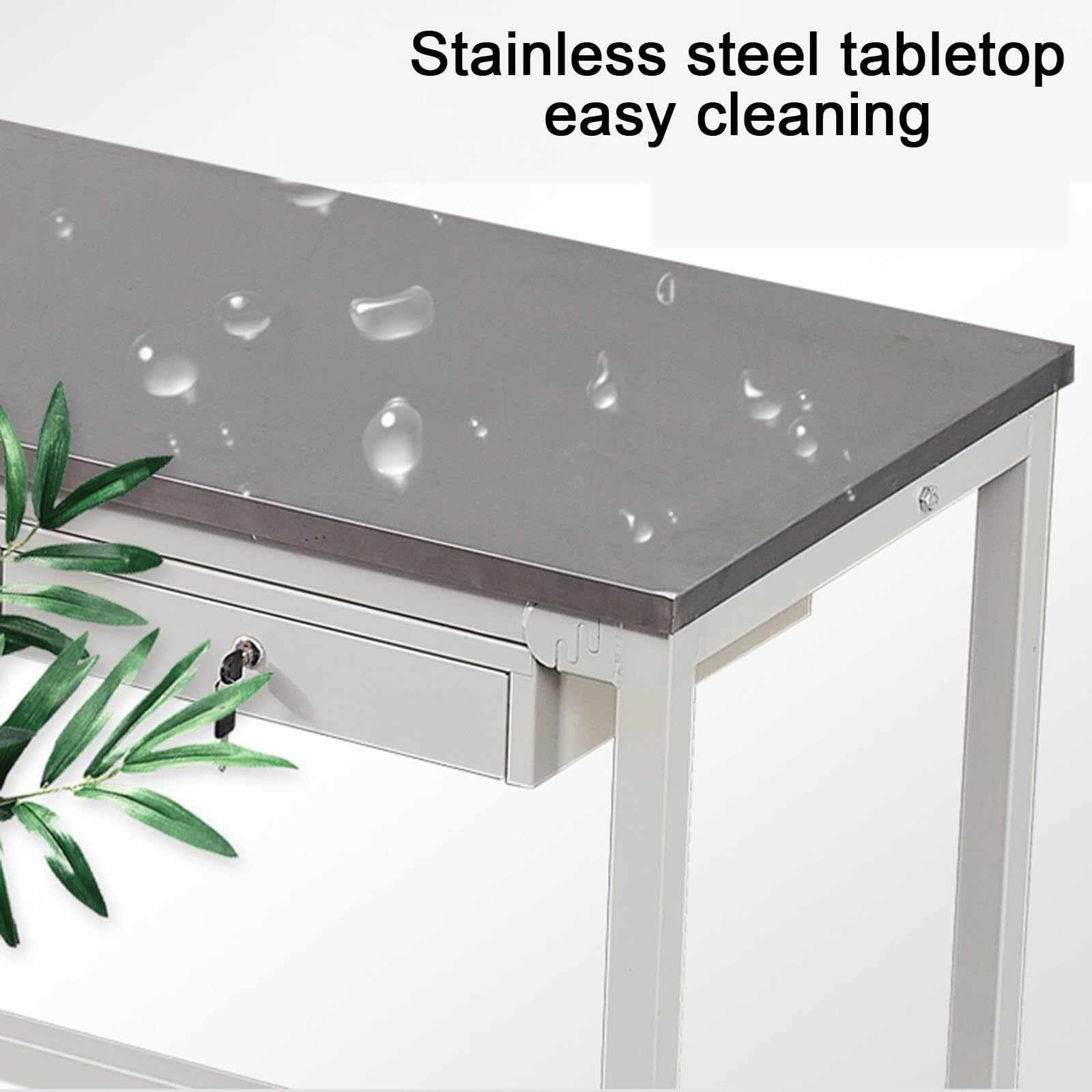 Banco de trabajo de acero inoxidable con 2 cajones y llaves, mesa de laboratorio resistente, montaje a presión, almohadillas de goma, marco reforzado y vigas transversales
