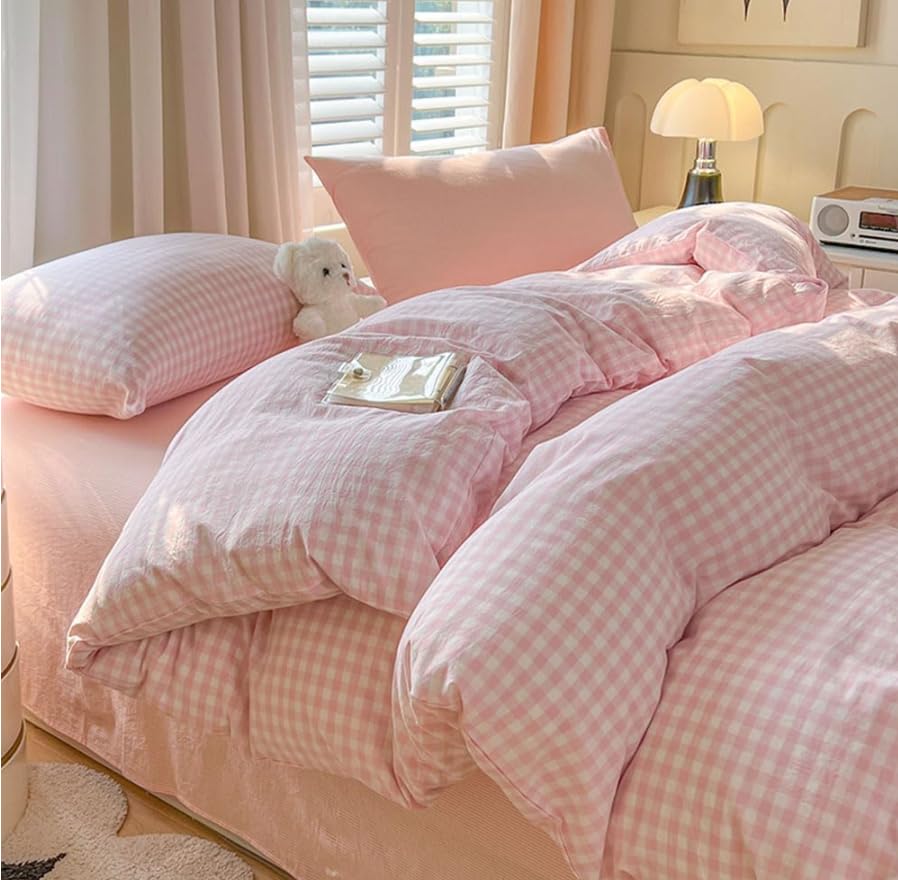 Vryxel Gingham Bedding Single Duvet Cover Set Bed Zipper Pink White 135×200CM — image 1