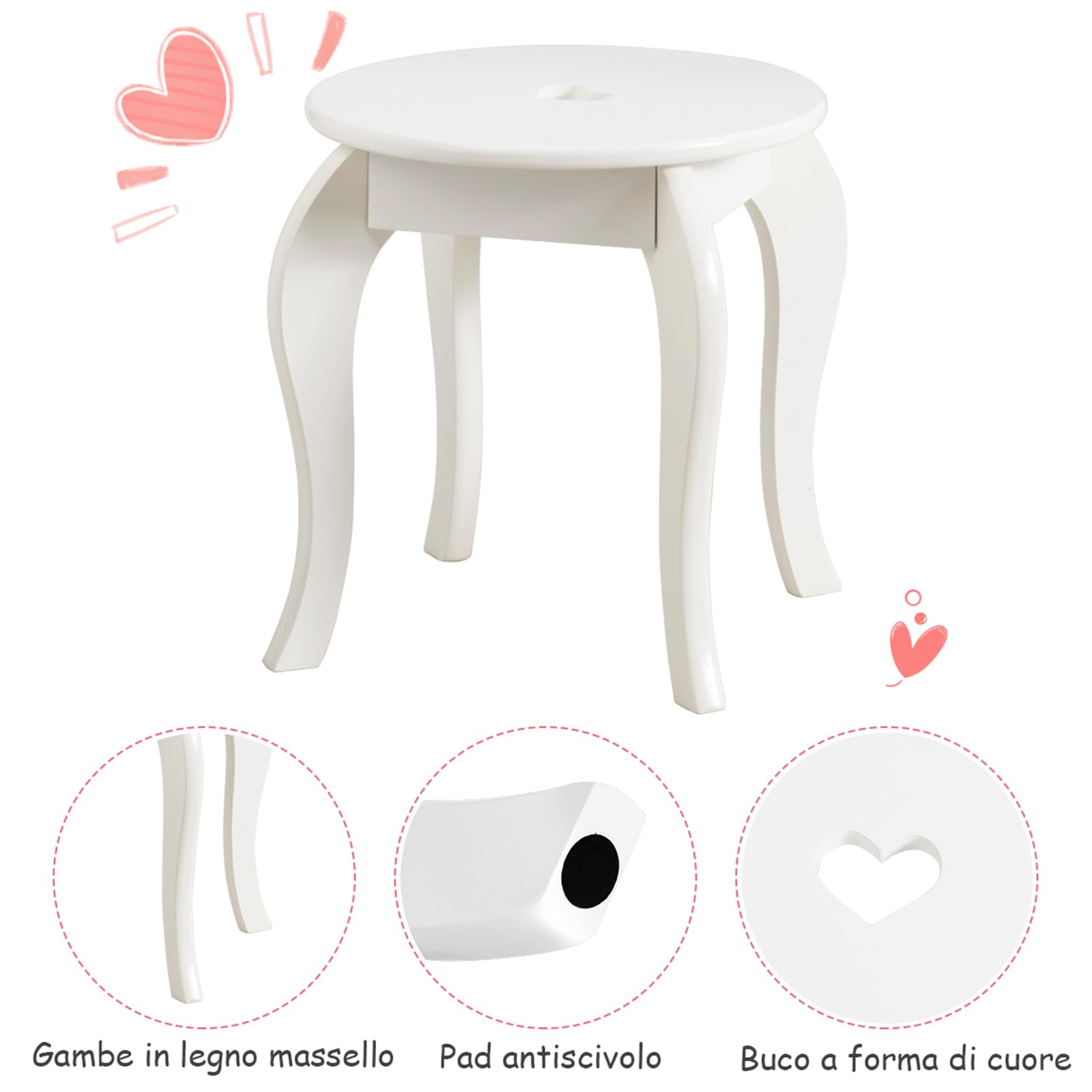 COSTWAY 2 in 1 Toeletta Trucco per Bambina 3+ Anni, Postazione Trucco Bambina con Specchio ad Alta Definizione Rimovibile, Set in Legno con Sgabello, Cassetto e Dispositivo Anti-ribaltamento (BIANCO)