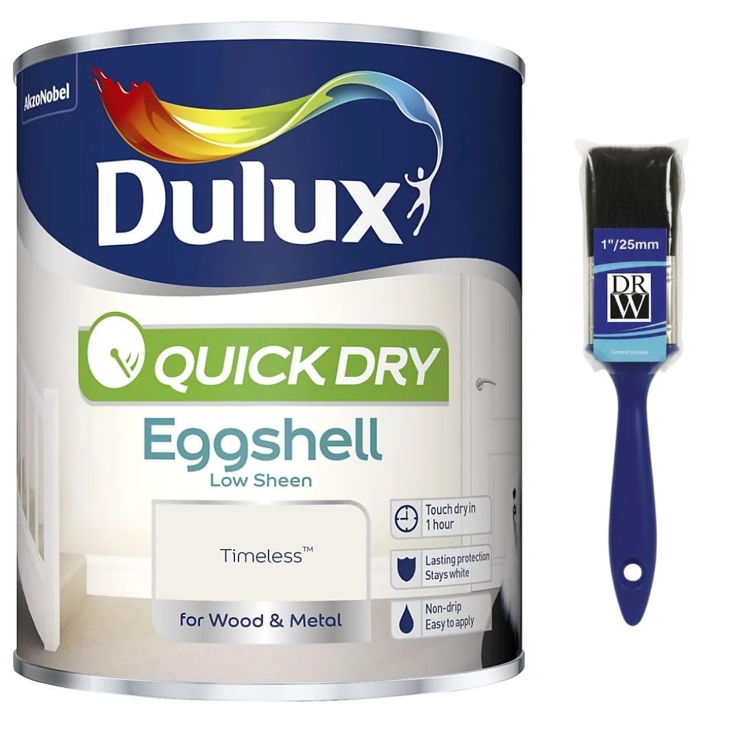DRW Timeless Quick Drying Eggshell Paint 750ml +1" Paint Brush | Interior Wood and Metal Paint | Durable Low Sheen Finish | Fast Drying Trim Paint for Doors Skirting Boards and Furniture