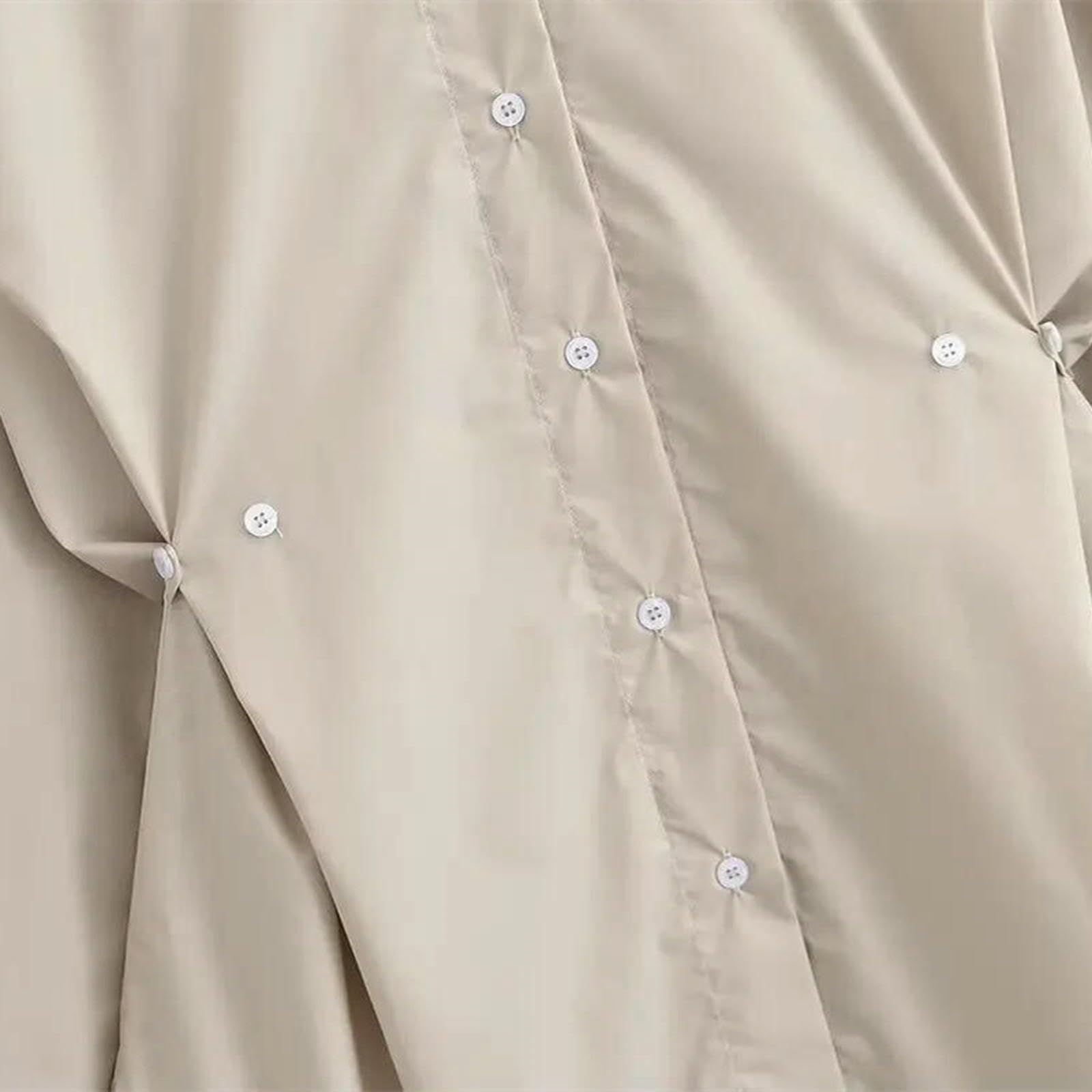 Camicia Donna Ampia con Cuciture Monopetto A Maniche Lunghe Risvolto Regolabile in Vita da Autunnale-Cachi-m