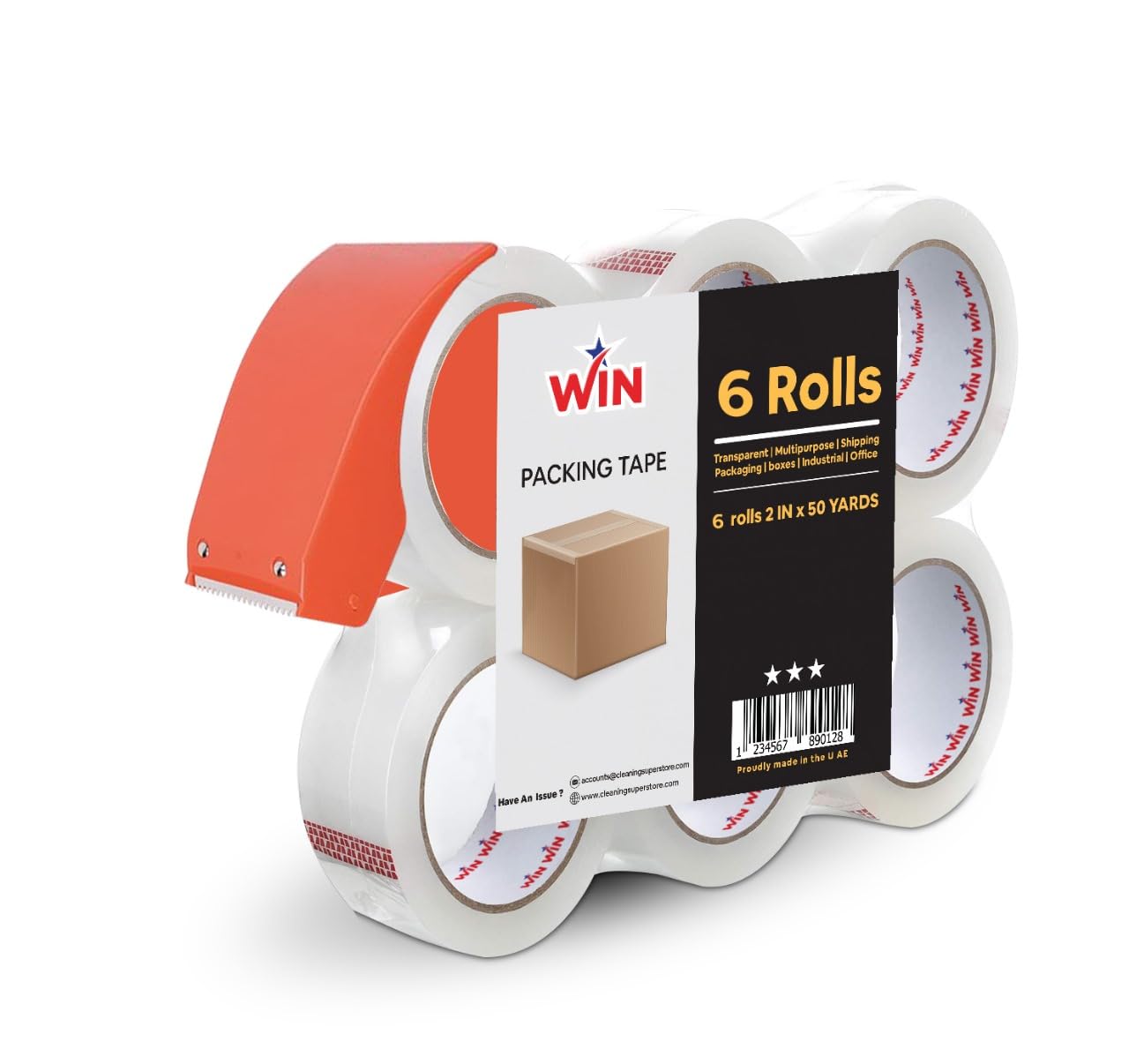 Win Clear Packing Tape With Tape Dispenser | 2 inches x 50 yards Strong Heavy Duty Packaging Tape for Sealing Parcel Boxes, Moving Boxes Houses, Office Supplies [6 Rolls + 1 Dispenser]