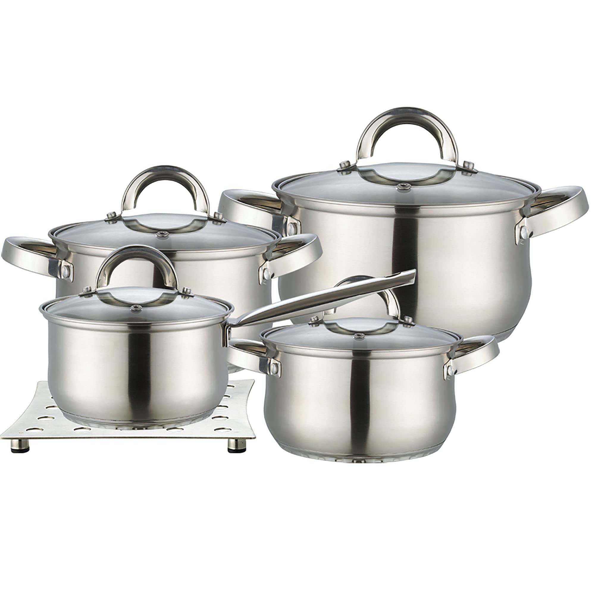 Maestro MR-​2021 Batería de Cocina Acero Inoxidable, 8 Piezas, Inducción, 3 Cacerolas, 1 Cazo, 4 Tapas de Cristal + Salvamanteles de Acero Inoxidable, Apta Para Todo Tipo de Cocinas, Apta Lavavajillas