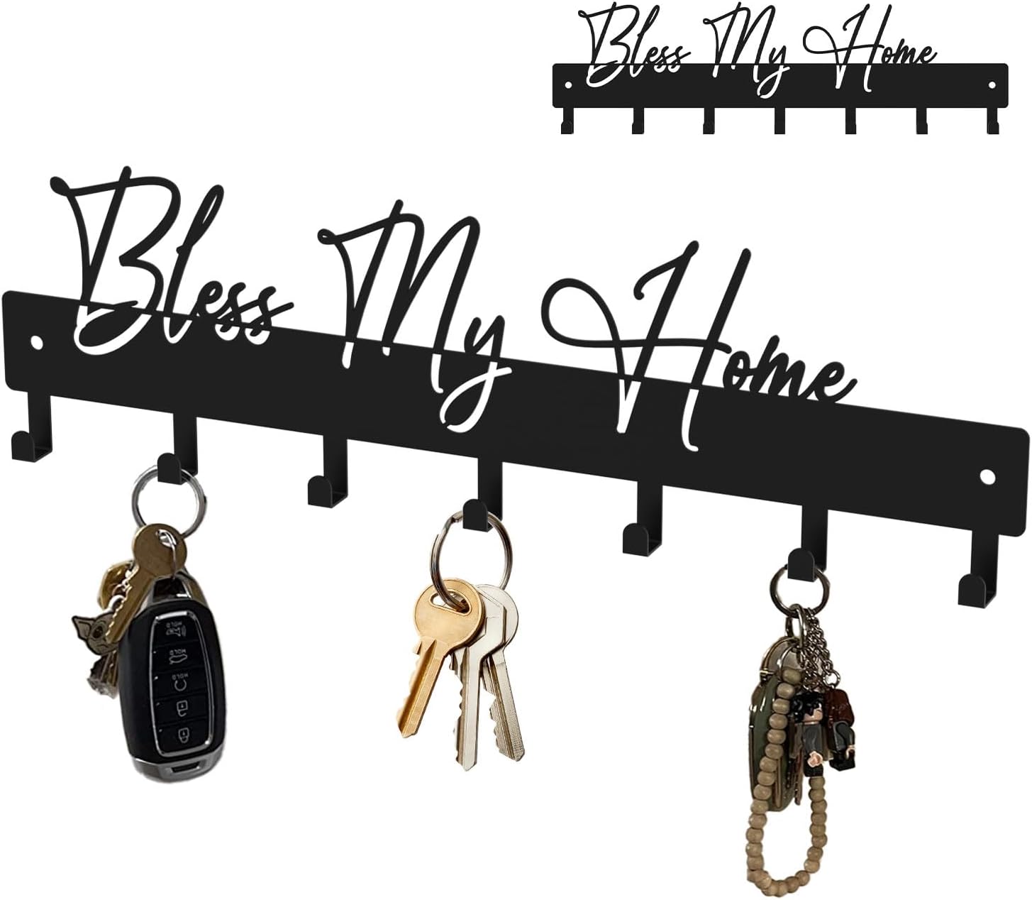 Exquisite Fashion Phrase Key Holder Wall Mount,Bless My Home Key Kooks for Wall Decoration,Black Metal Key Hanger with 7 Kooks for Entryway,Office,Living Room Decor