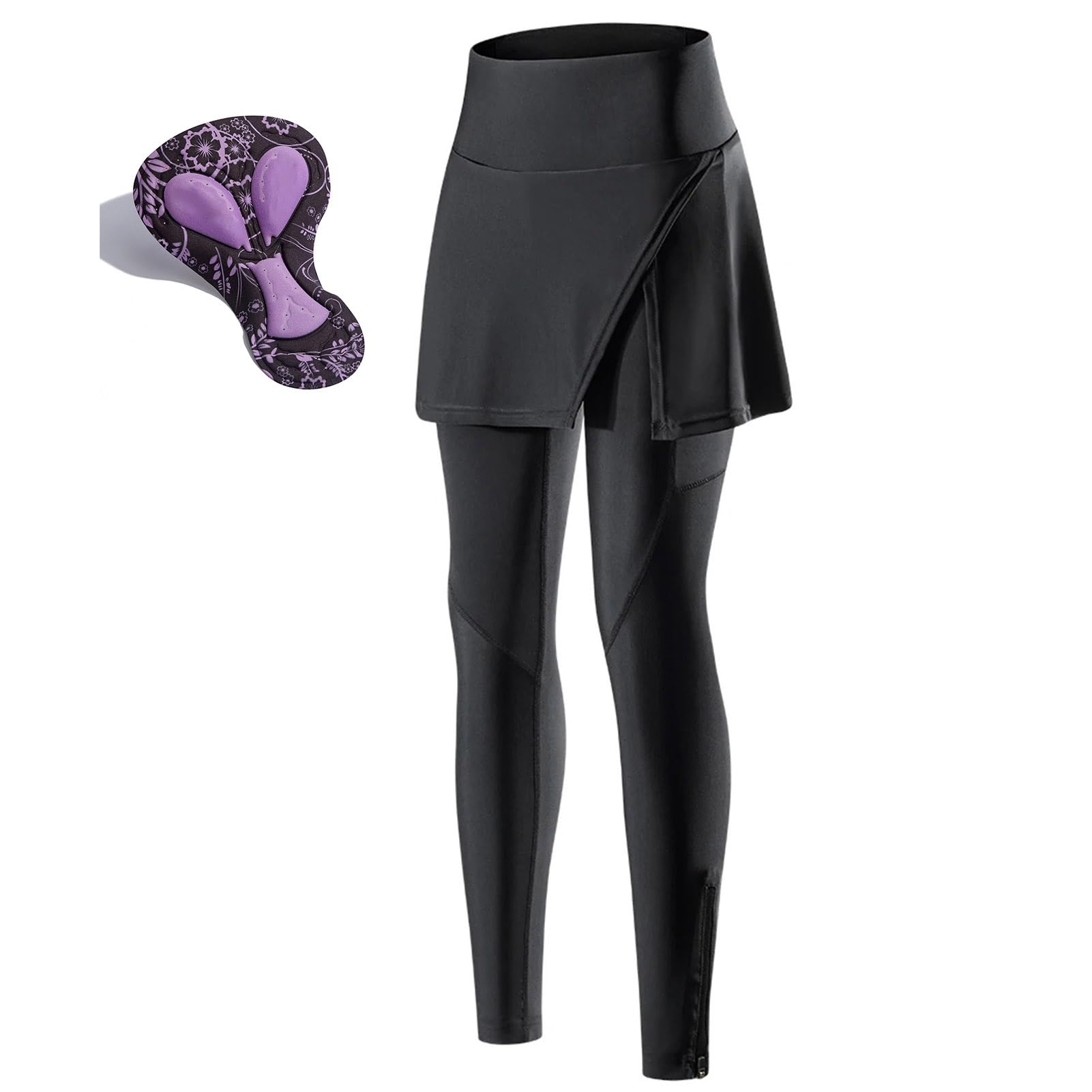 Radlerhose Damen Lang Gepolstert mit Rock, Fahrradhose Frauen Leggings High Waist Fahrradrock Atmungsaktiv Schnell Trocknend Radhose mit Tasche(M)