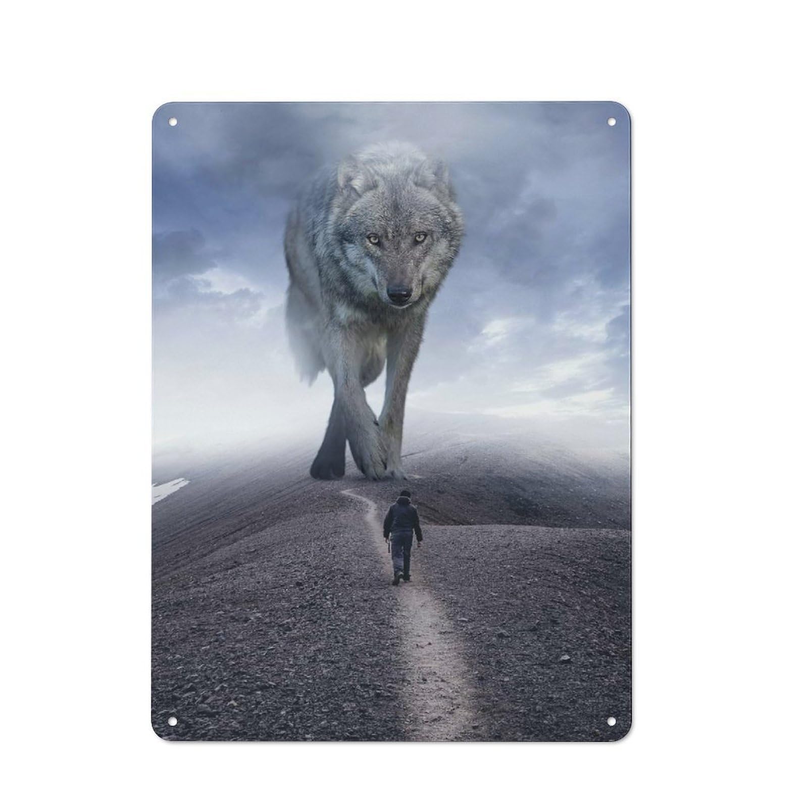 Junmoney Style-8 For Hobby Room Or Studio, Giant Wolf Vs Man Mindset Rustic Tin Wall Plaque 40X30cm, For Vintage Wall Decor Fans, For Metal Sign Collectors