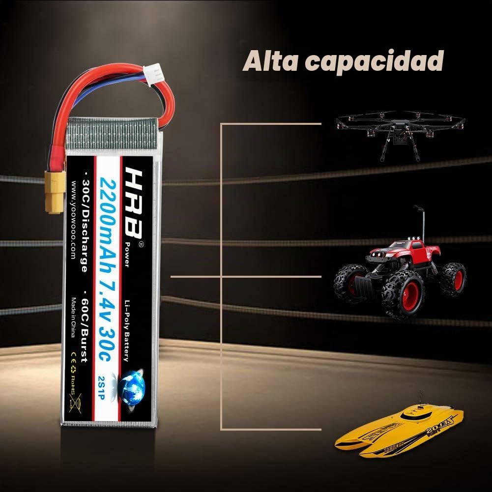 HRB 2pc 2200mAh 7.4V 2S 30C LiPo Batería con Enchufe XT60 Compatible con RC Traxxas 1/16 E-Revo VXL Summit Slash Losi 1/14 Mini 8ight y RC Cars