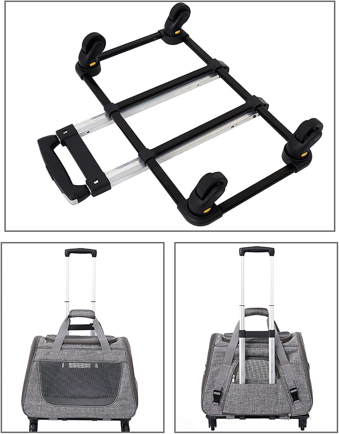 Cat Cage with Wheels, Pet Travel Carrying Box, with Telescopic Handle, Wheels and Cushion, Detachable and Foldable, Large Capacity, Breathable Mesh, Side Pockets, Gray Pink (Gray)