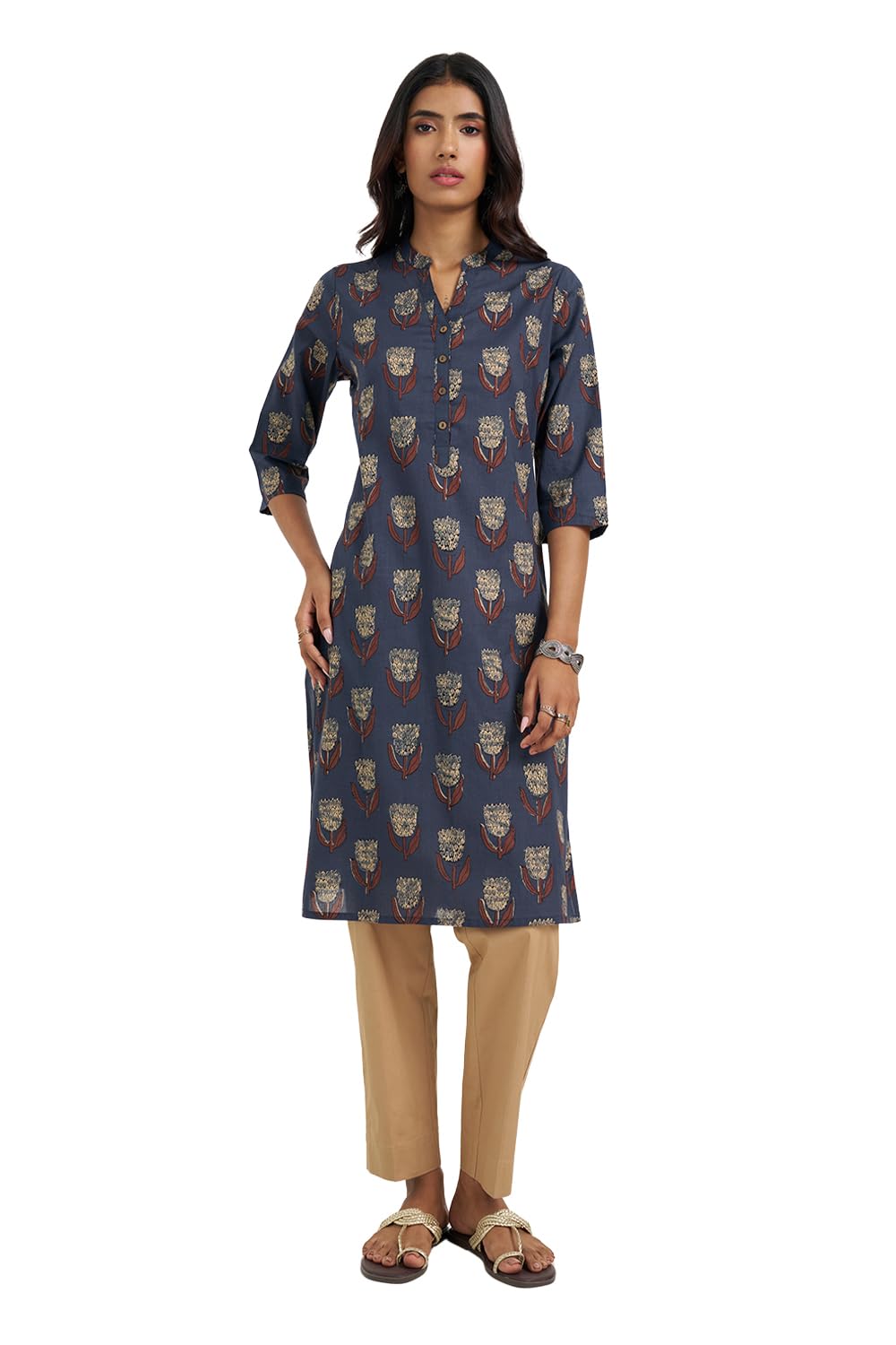 rangmanch by pantaloons Women's 100% Cotton Printed Kurta | Regular Fit | Mandarin Collar | 3/4 Sleeve | Knee Length-picture-22