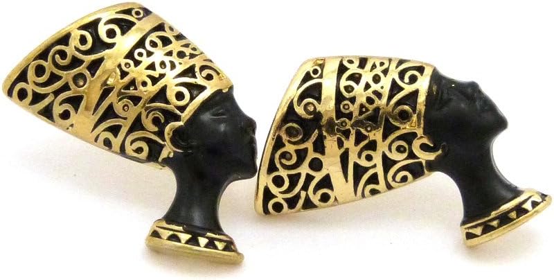 Egypt Queen Nefertiti Pierced Stud Earring, 18",20",24",27" Box Chain Necklace Set in Gold Black Tone