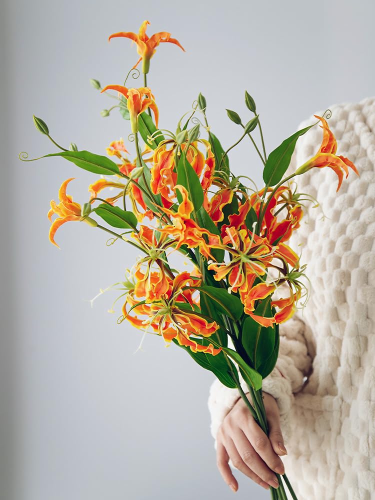 Sztuczne kwiaty Sztuczne kwiaty, Sztuczny Kwiat Lilii Długa Łodyga Sztuczne Płomienne Bukiet Lilii Kompozycja Kwiatowa(Orange)