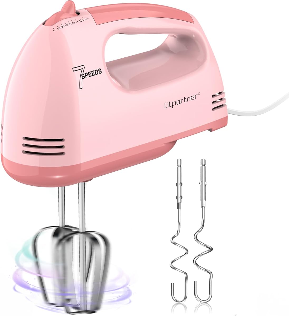 Hand Mixer Electric, Small Food Mixer 7 Speeds Handheld Blender, 304 *(2* Beater, 2*Dough Hook) Kitchen Blender for Cream, Cookies, Dishwasher Safe, Pink