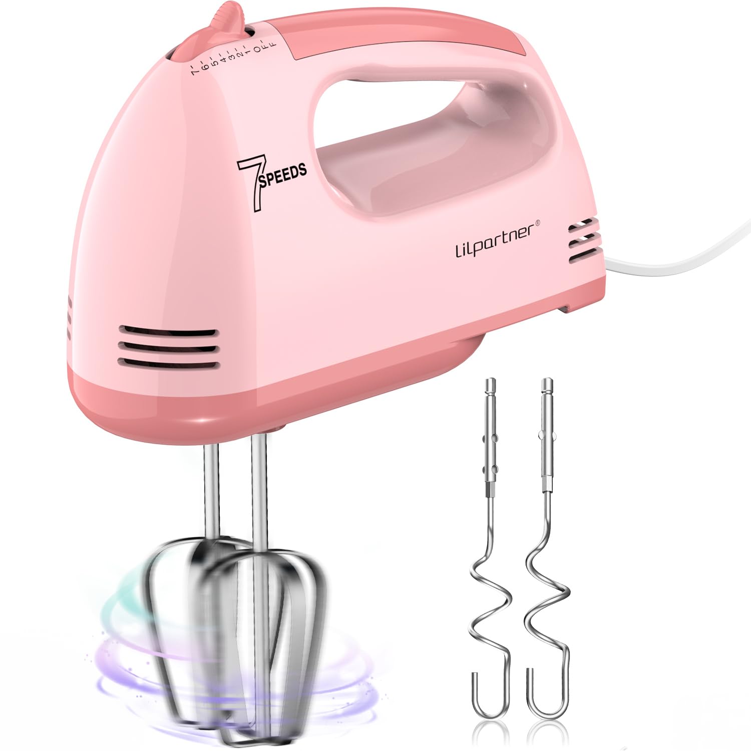 Hand Mixer Electric, Small Food Mixer 7 Speeds Handheld Blender, 304 *(2* Beater, 2*Dough Hook) Kitchen Blender for Cream, Cookies, Dishwasher Safe, Pink