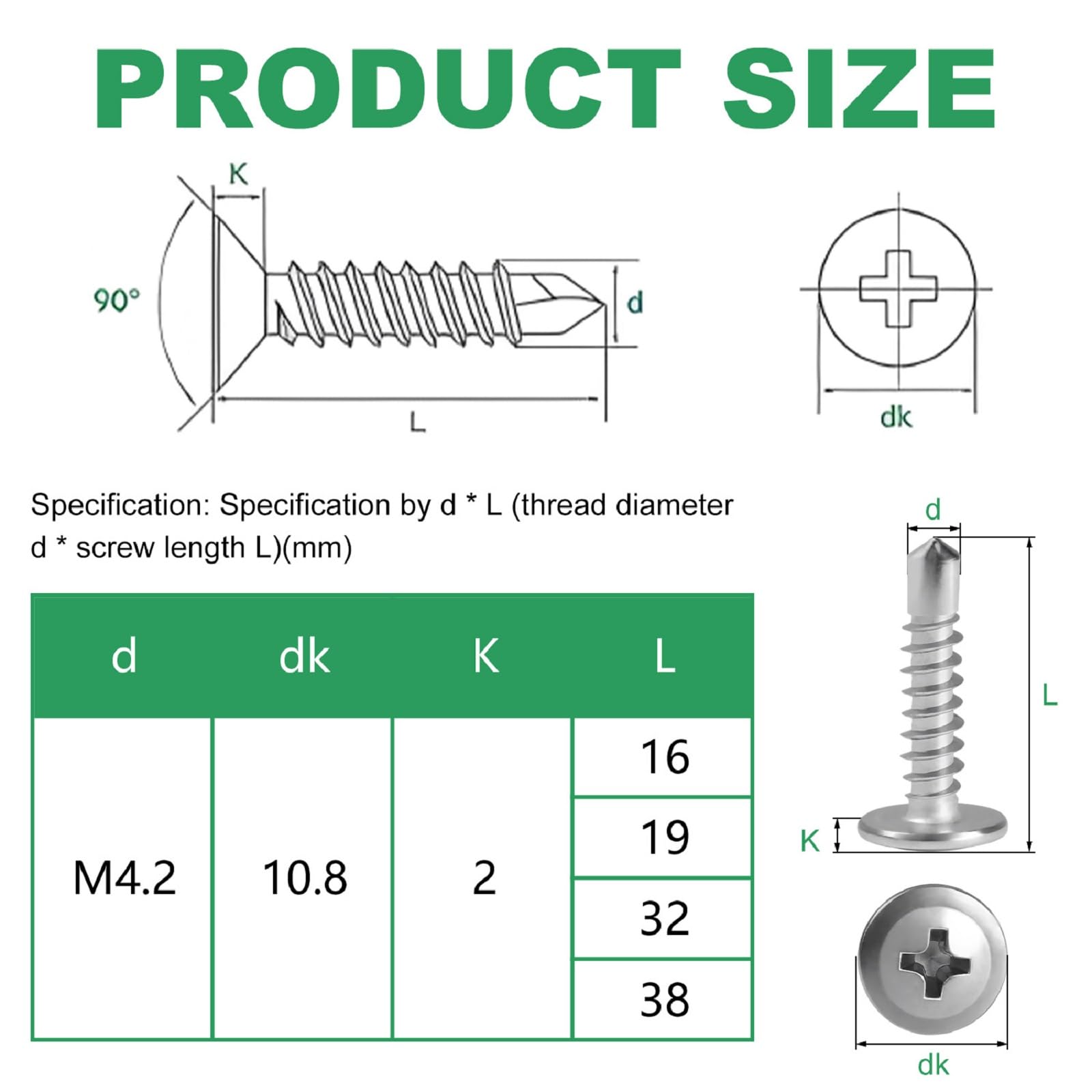 Self Tapping Screw, 410 Stainless Steel Drilling Screw M4.2 * 32mm, Cross Countersunk Drill Tail Self Drilling Screws - Image 2