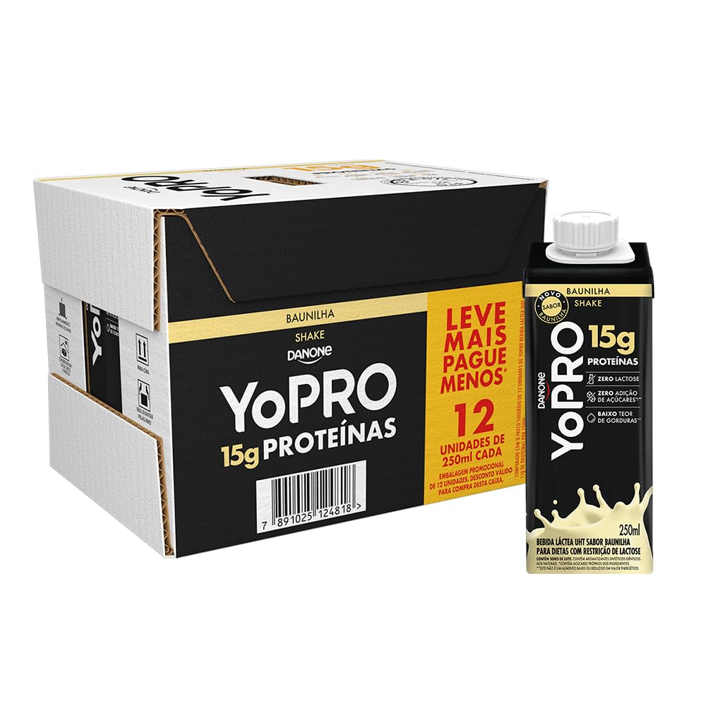 Embalagem com 12 unidades da Bebida Láctea YoPRO sabor Baunilha
