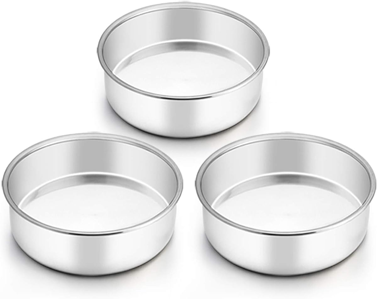 TeamFar 6 Inch Cake Pan, Round Smash Cake Pan Tier Baking Pans Set Stainless Steel, Fit in Pot Pressure Cooker Air Fryer, Healthy & Non-Toxic, Mirror Finish & Sturdy, Oven & Dishwasher Safe - Set of 3