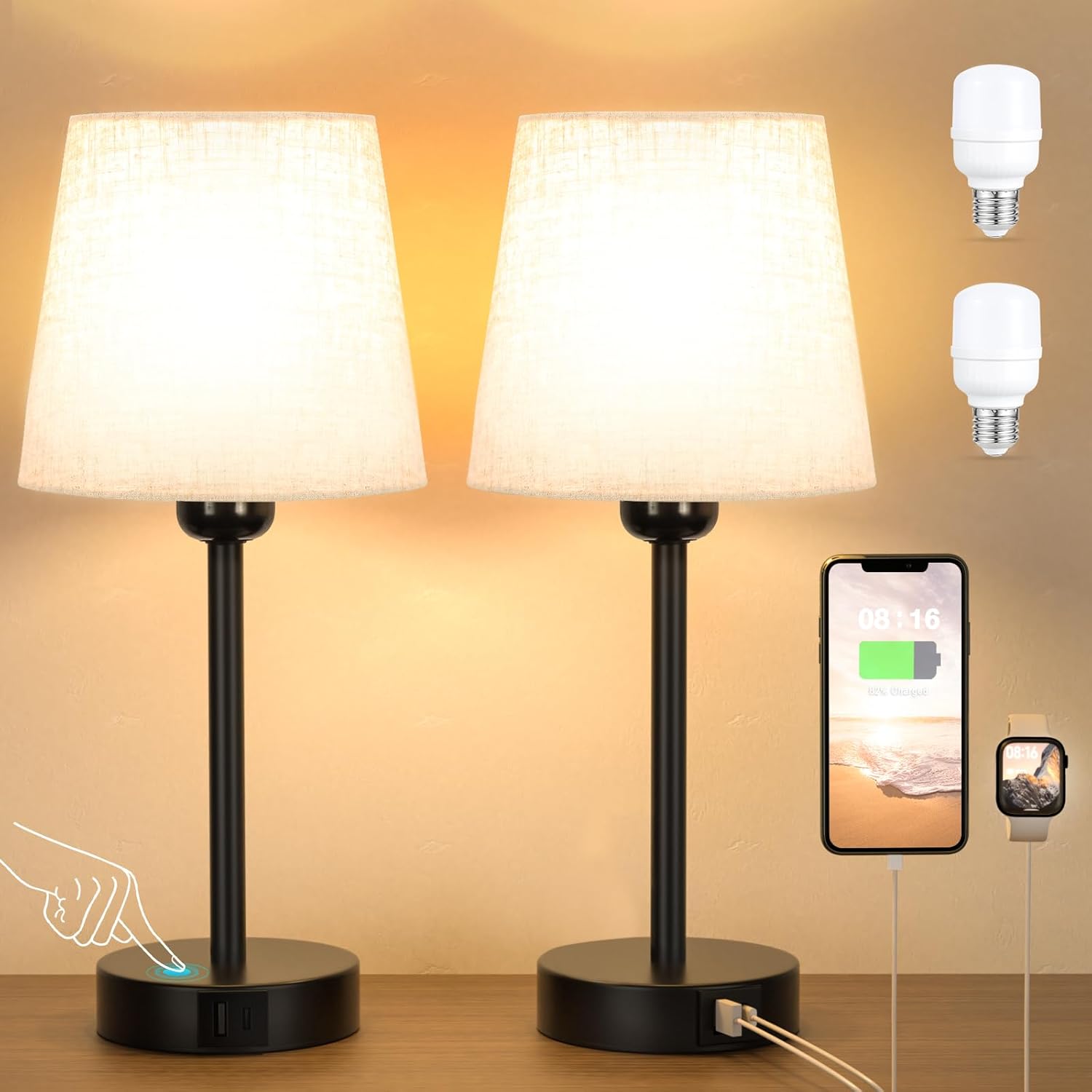 Seealle Bedside Lamps Set of 2, Touch Lamps Bedside with USB-C+A Charging Ports, 3-Way Dimmable Table Lamps with Beige Fabric Shade, Table Lamps for Bedroom Living Room (LED Bulb Included)