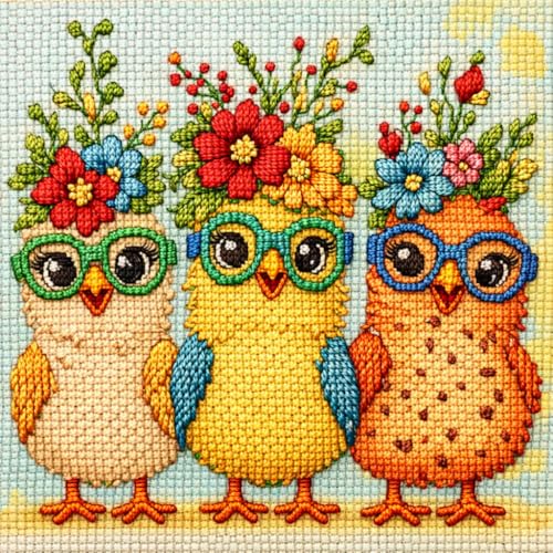Image of Zhenqing Modern Chicks Cross Stitch Kit - 11CT Pre-Printed 35x35cm Fabric with Threads & Needle (Hipster Chicken Design)(70010)