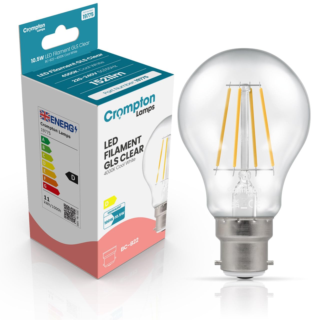 Crompton Lamps Filament GLS LED Light Bulb BC-B22d | 10.5W = 100W Equivalent | Cool White 4000K | Energy Efficient | Bayonet Lightbulb | Long Life 15,000-Hrs | Clear Glass