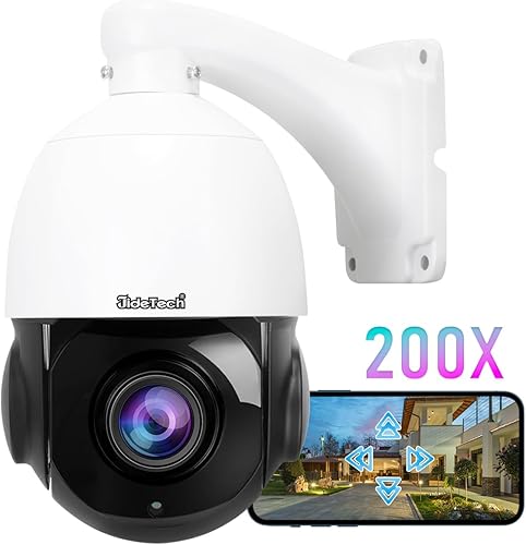 JideTech Cámara de seguridad híbrida con zoom de 200X, cámara IP PTZ POE de 5 MP para exteriores, cámara panorámica con detección de movimiento
