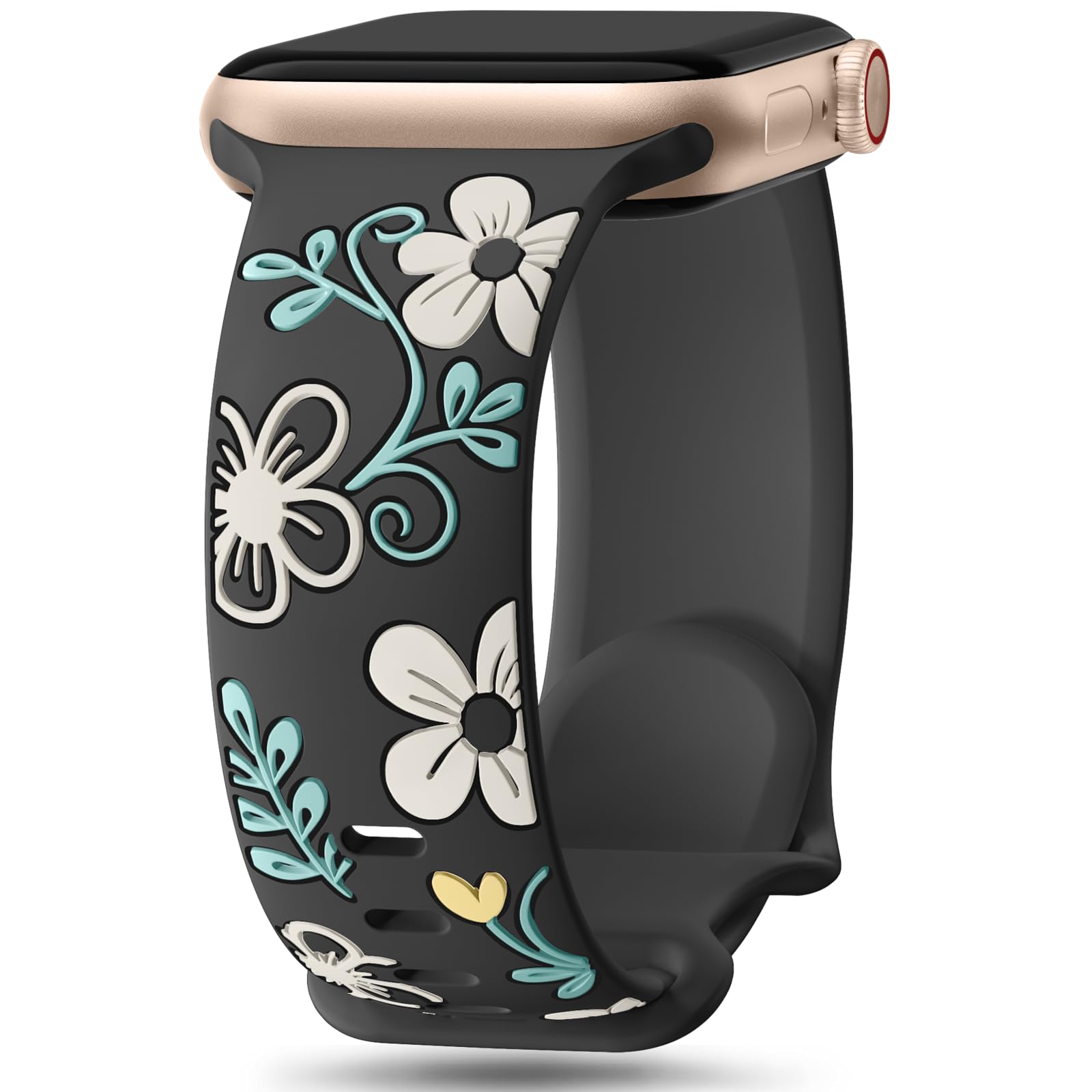 Witzon Correa floral compatible con correas de Apple Watch para mujer de 40 mm, 41 mm, 38 mm, 42 mm, 44 mm, 45 mm, 46 mm, 49 mm, correa de silicona grabada con bonitas flores para iWatch Series 10, 9