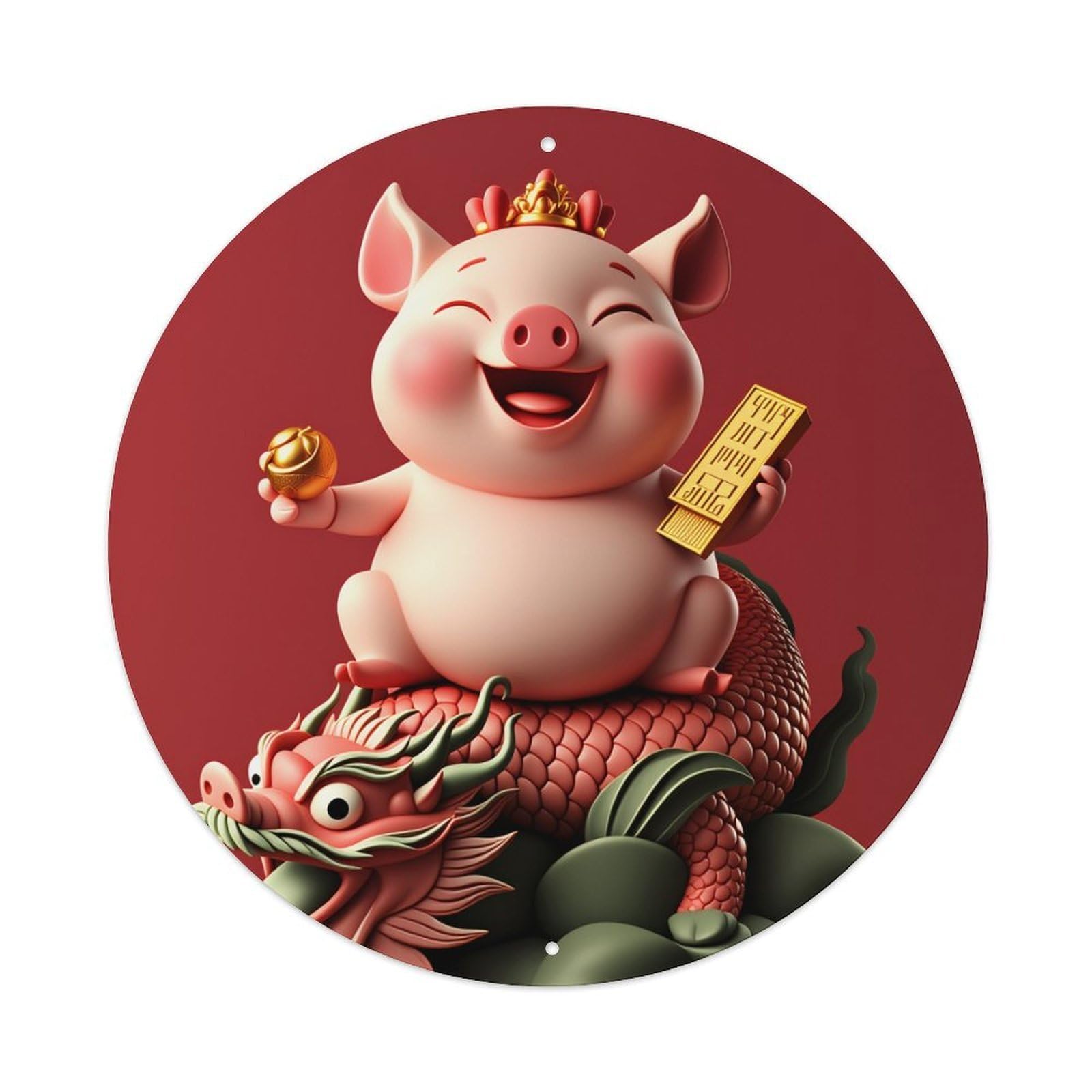 Pig Dragon Gold Crown Joy Round Tin Sign Vintage Style Metal Sign Home Bar Garden Wall Plaque Decor Metal Poster 8x8 Inch