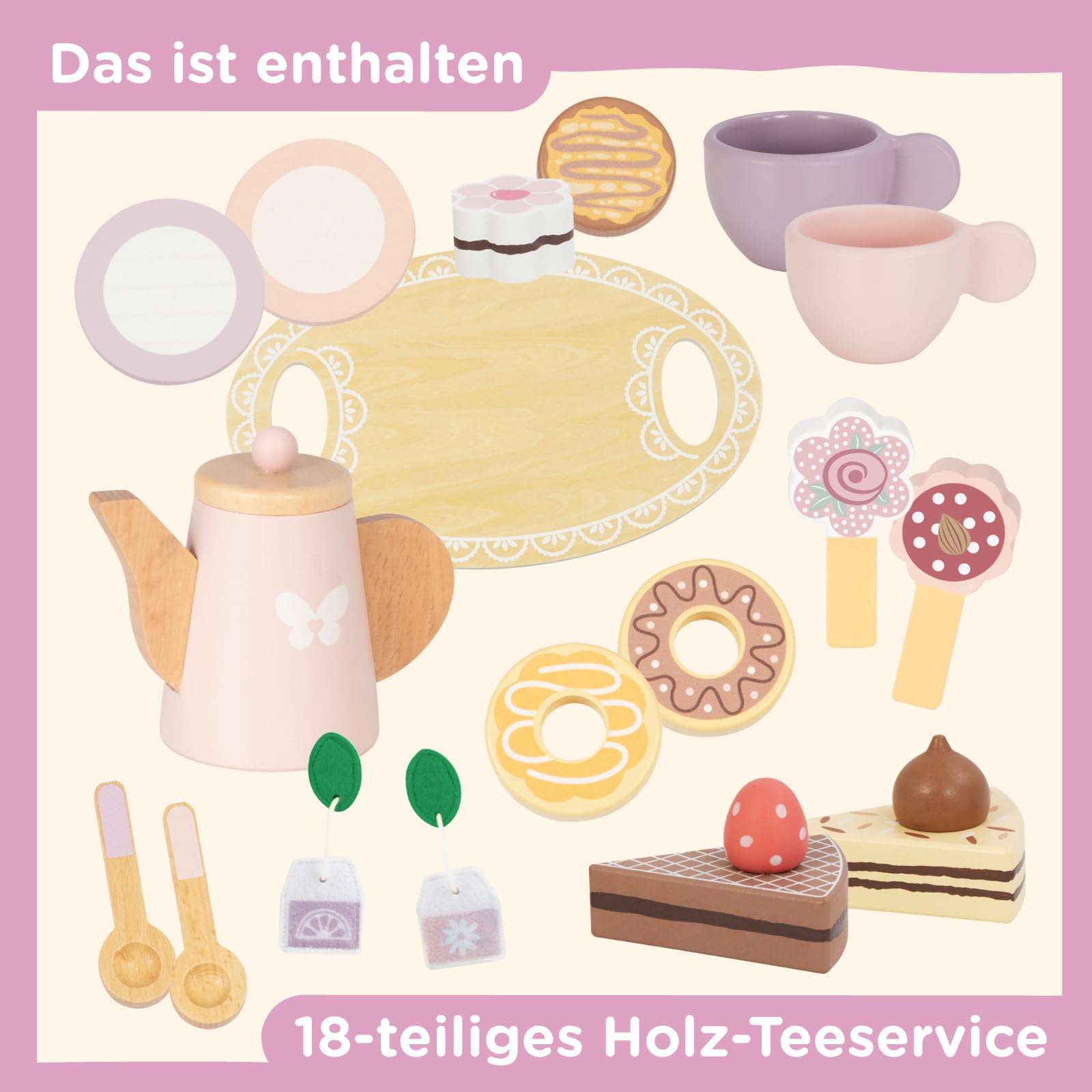 Nene Toys Holz-Teeservice für Kinder ab 2 Jahren – 18-teiliges Tee Set mit Teekanne, Tablett, Tassen & Süßigkeiten – Spielküche Zubehör, Montessori Rollenspiel, FSC® Holz – Geschenk 2–5 Jahre