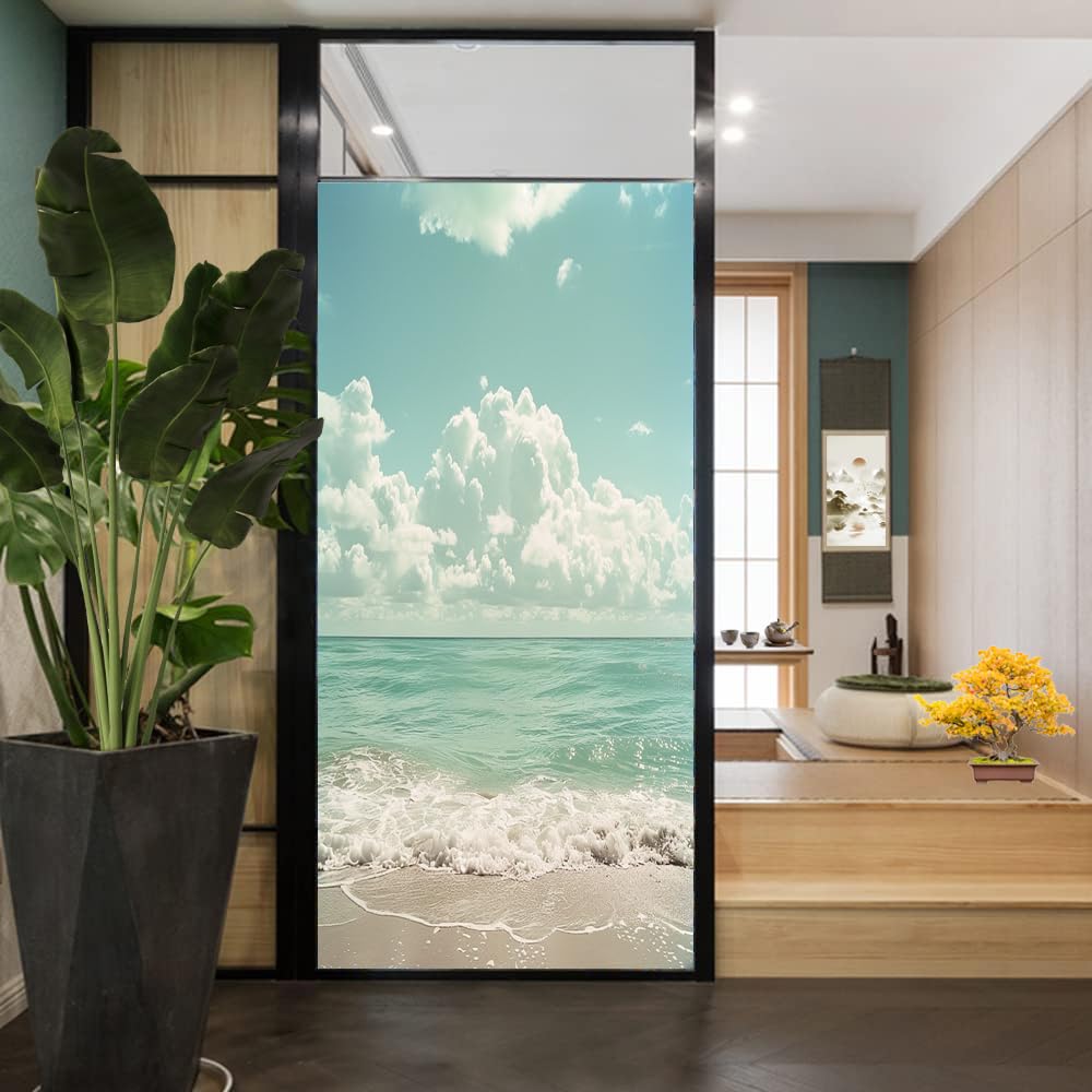 Modern Ocean View Buntglas-Fensterfolie, natürlicher schöner Strand, Retro, dekorative Milchglas-Sichtschutzfolie, Wärmeregulierung, statische Haftung, Fensteraufkleber, 90 x 140 cm