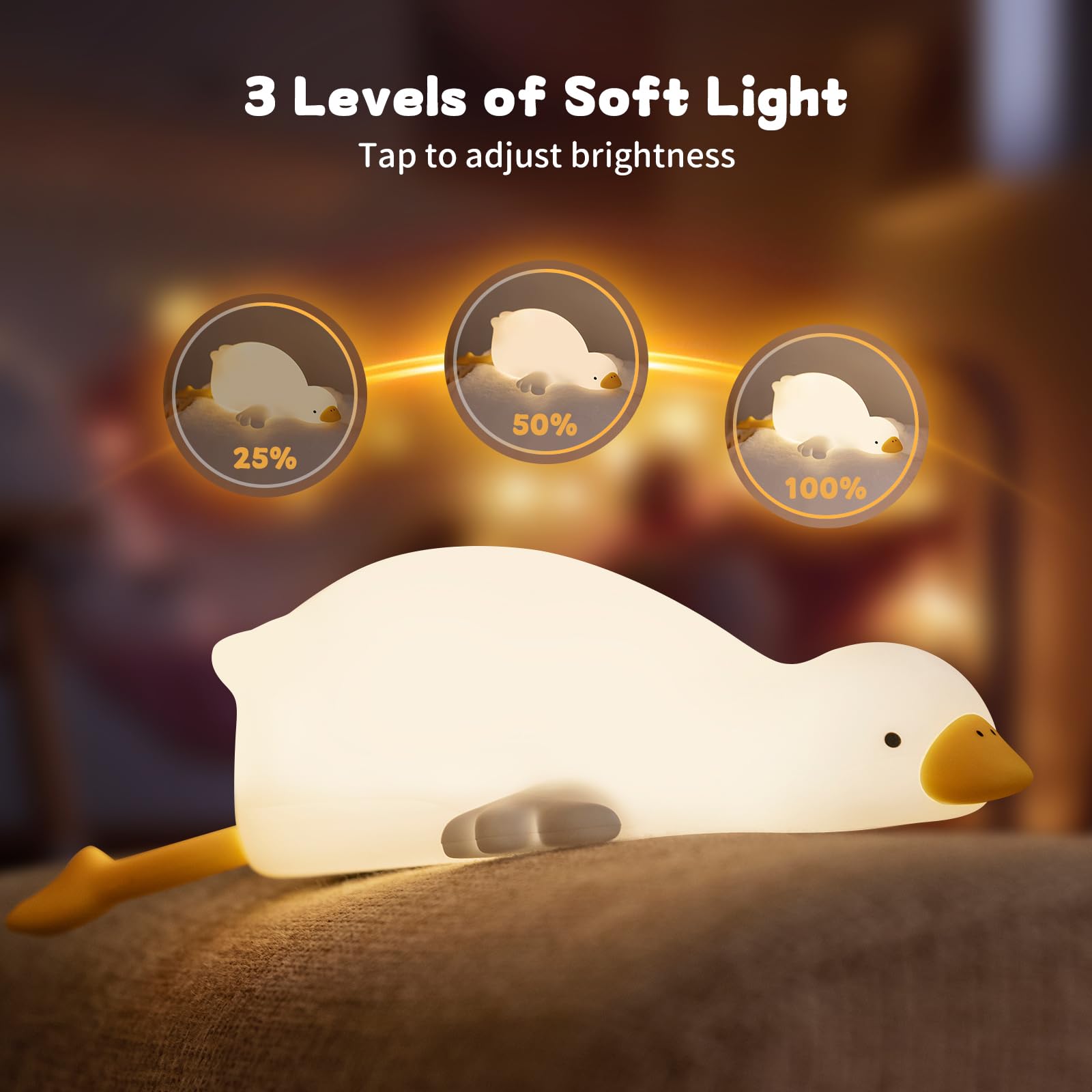 ICARER FAMILY Duck Night Light for Kids Bedroom, 3 Lightness Auto-Off LED Rechargeable Silicone Squishy Tap Control, Nursery Lamp for Baby, Toddler, Girls and Boys
