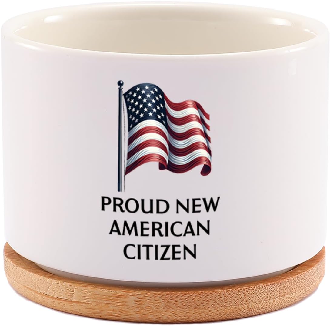Proud New American Citizen US Citizenship Gifts Celebrations American Flag Ceramic Succulent Plant Pot with Bamboo Tray Round Plant Lover Gifts Home Office Decor 3.5 Inch White (No Plants) image 2