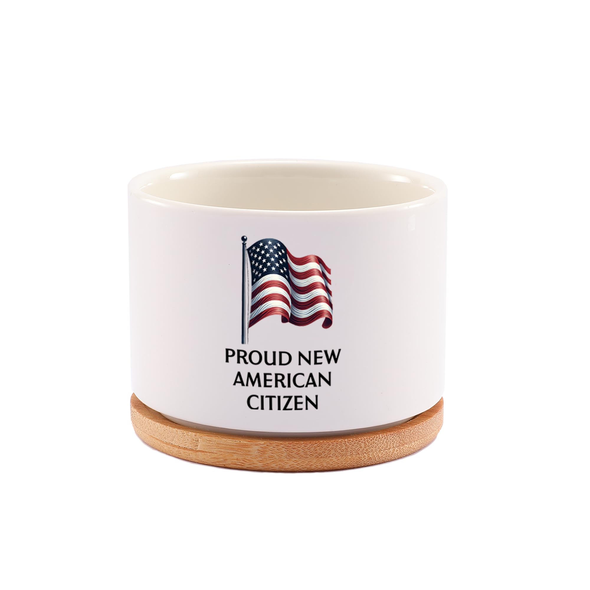 Proud New American Citizen US Citizenship Gifts Celebrations American Flag Ceramic Succulent Plant Pot with Bamboo Tray Round Plant Lover Gifts Home Office Decor 3.5 Inch White (No Plants)