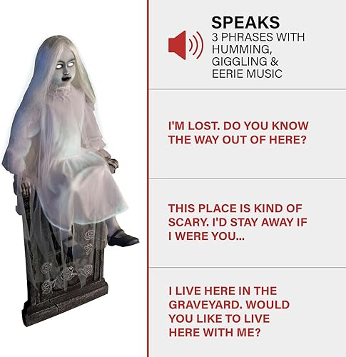 Miniatura 8 de Haunted Hill Farm Tekky Activado por movimiento Tombstone Girl - Animatronic para interiores o exteriores, espeluznante decoración de Halloween,