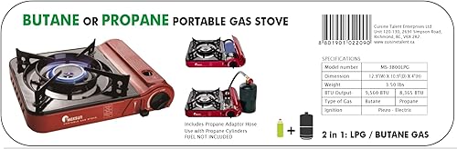 Miniatura 2 de Maxsun Estufa de gas portátil de combustible dual de butano o propano MS-3800LPG (rojo), hasta 9,560 BTU de alta potencia, estufa de campamento, con