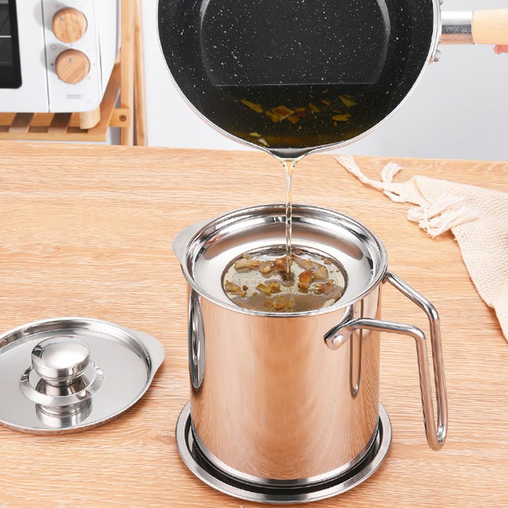 Contenitore per grasso per pancetta in acciaio inox con filtro per olio, coperchio antipolvere e piastra antiscivolo, ideale per conservare olio per friggere e grasso da cucina (1,8 l)