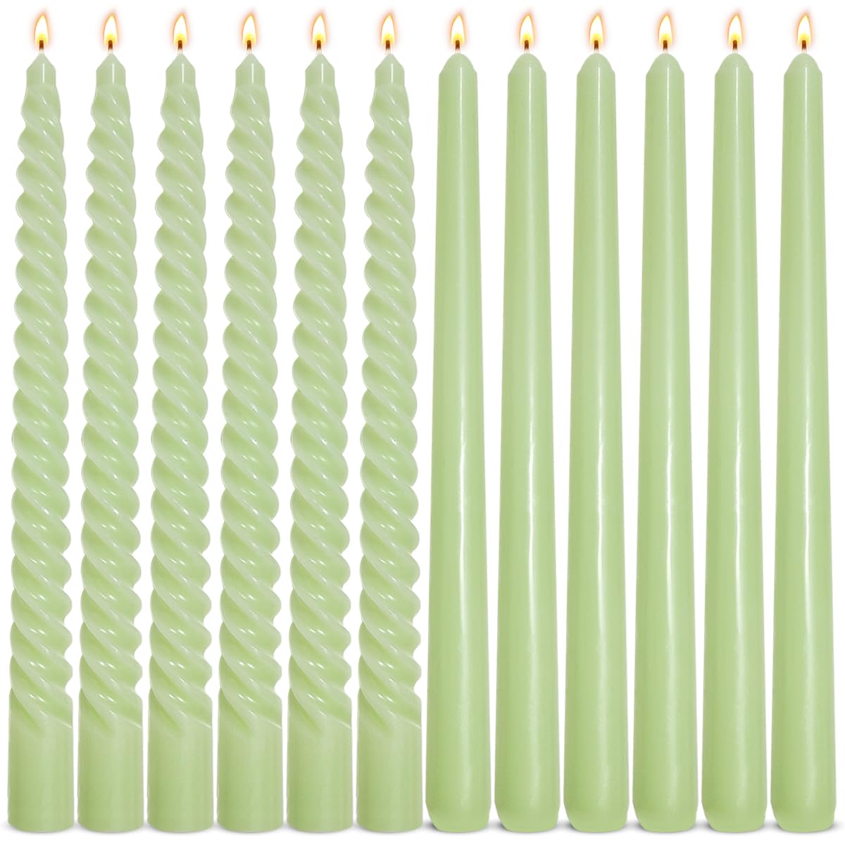 Juego de 6 velas cónicas verde salvia y 6 velas en espiral, elegantes candelabros sin goteo de 10 pulgadas para primavera, día de San Patricio, cenas de Navidad, fiestas y decoración del hogar