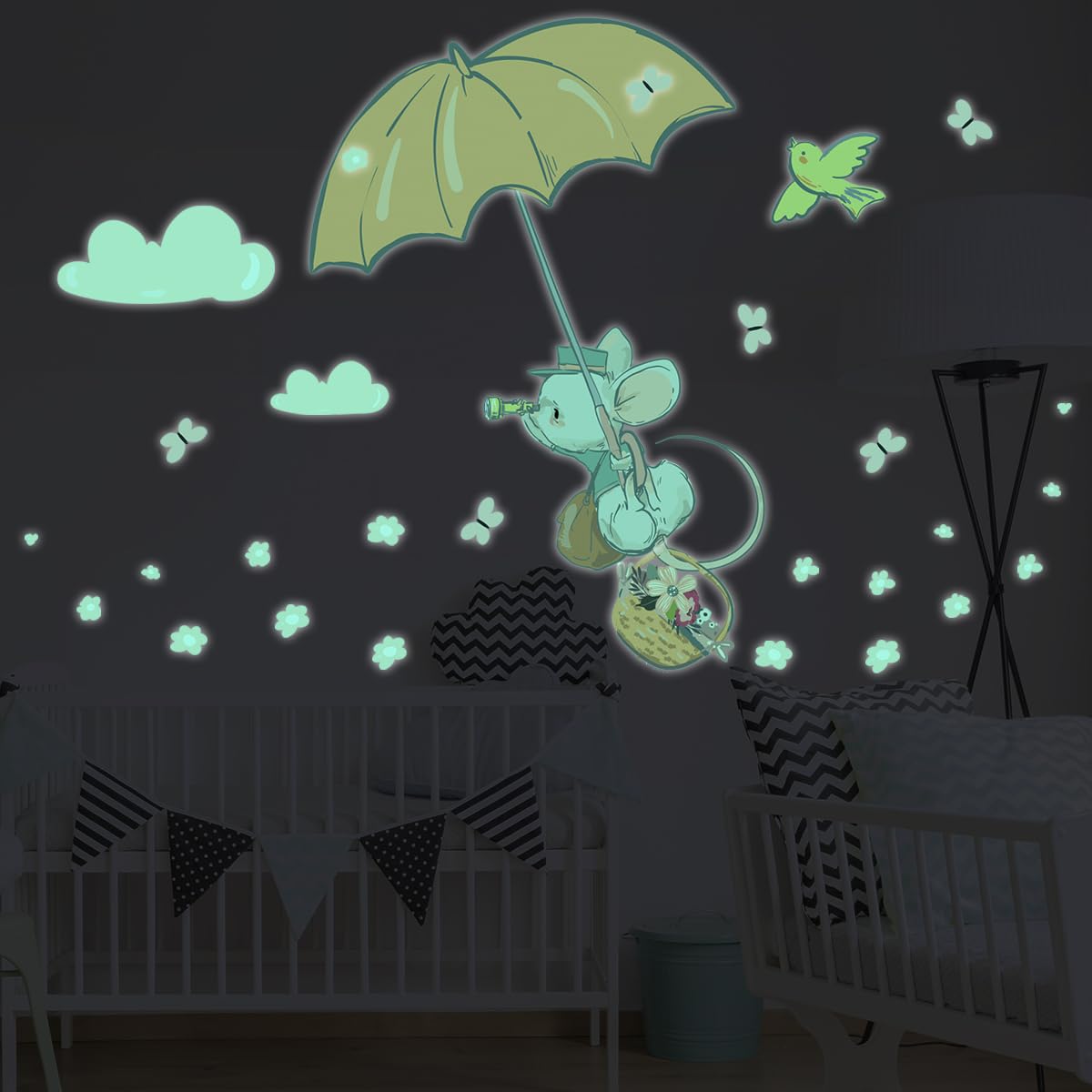 Ambiance Sticker Leuchtender Wandaufkleber für Kinder, fluoreszierend, Maus im Regenschirm, 80 x 50 cm