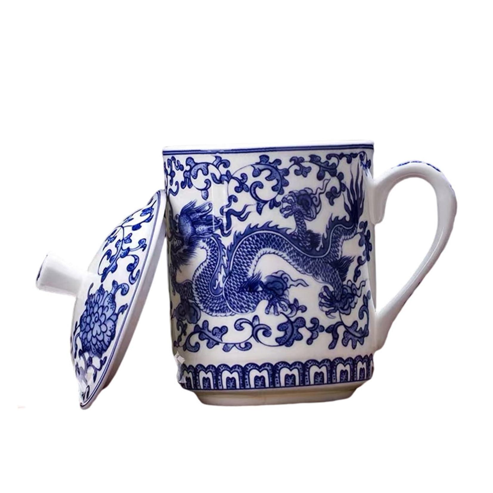 Housoutil Taza de Té de Cerámica Tapa, Gran Capacidad y Diseño Azul y Blanco, Fácil de Limpiar y Resistente a Manchas para Uso en Casa o Oficina