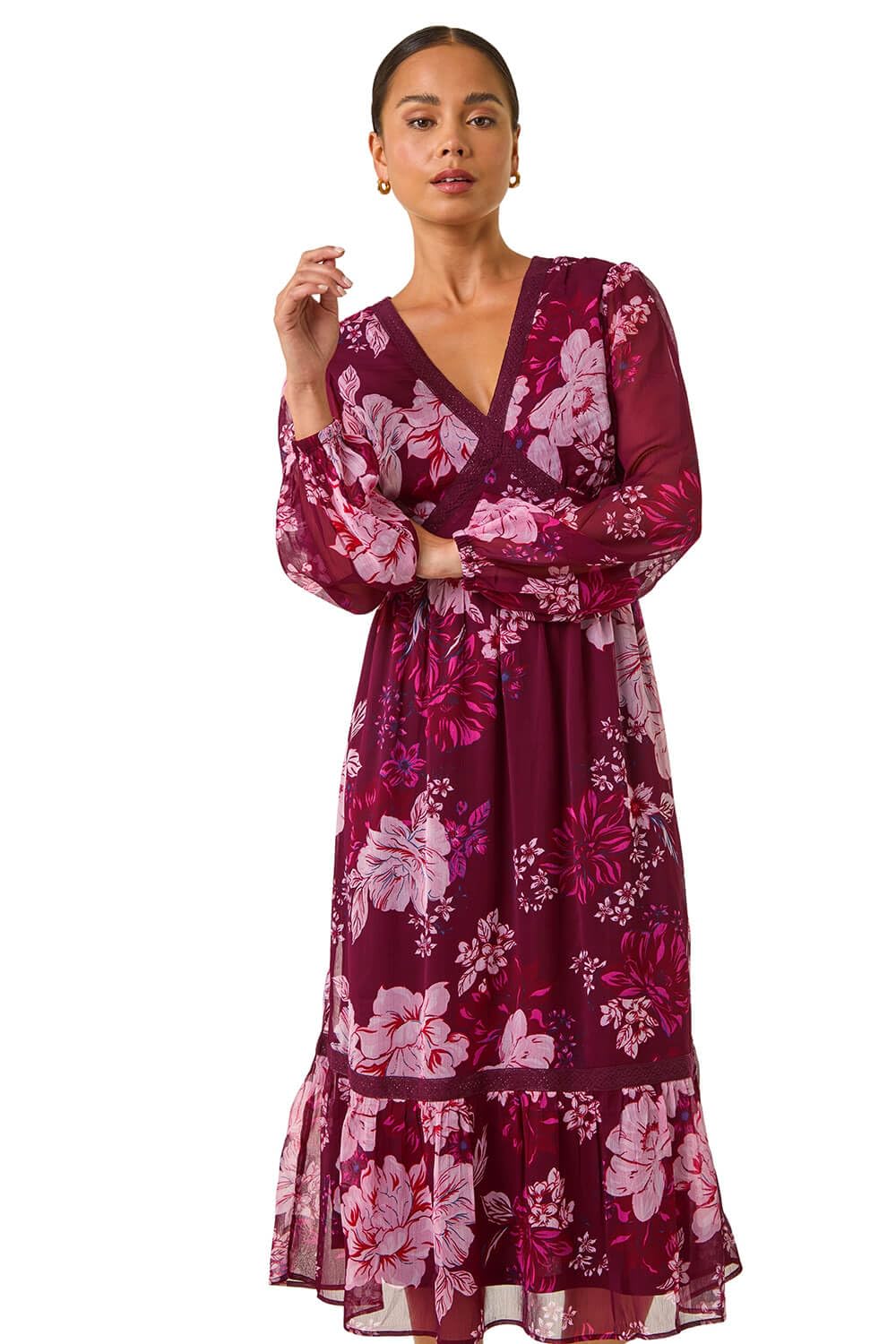 Roman Petite Floral Print Trim Midi Dress for Women UK - Ladies Everyday Autumn Winter V-Neckline Comfy Soft Evening Vacation Work Party Night Out - Petite Wine - Size 12