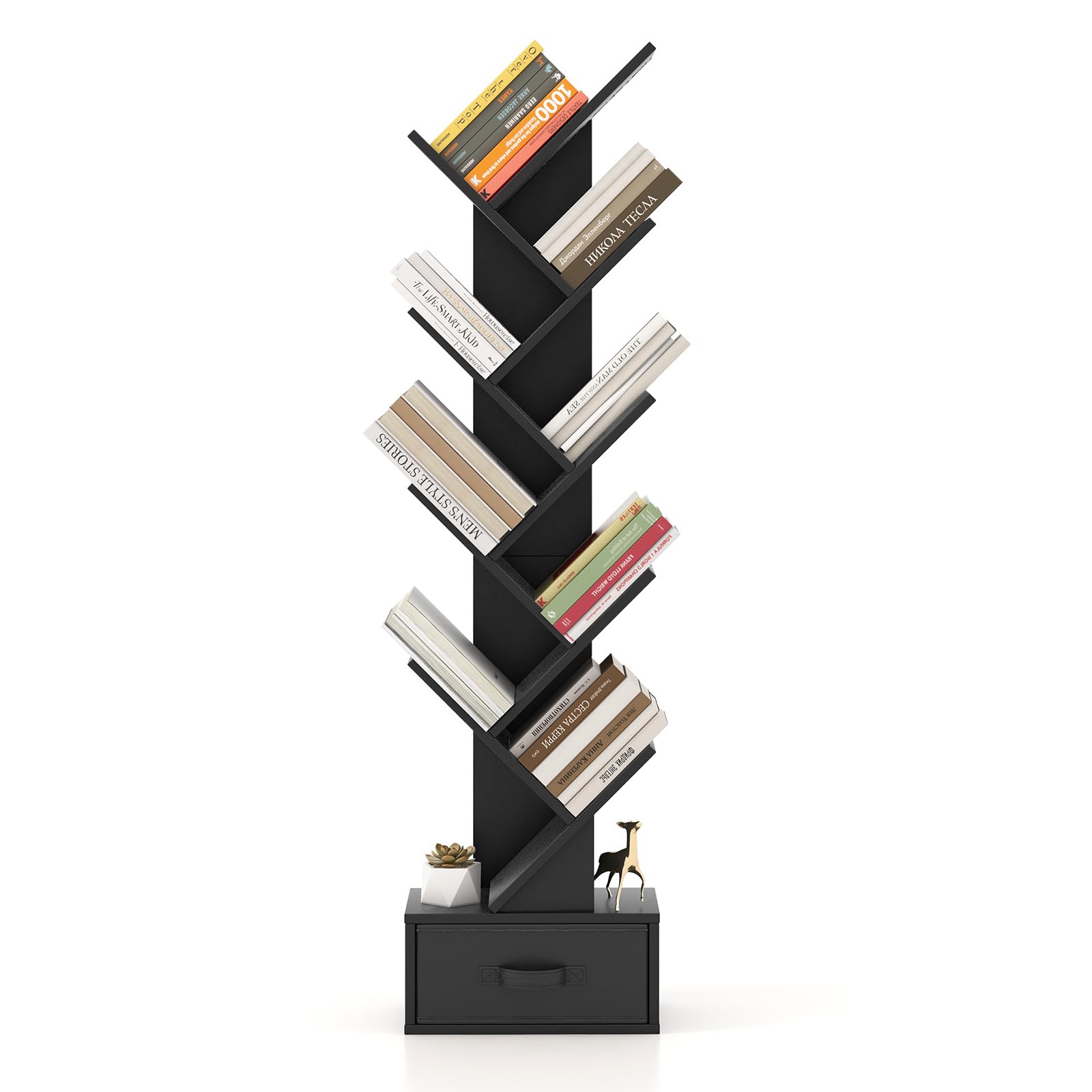 GIANTEX Libreria ad Albero, a 8 Ripiani, Scaffale per Libri con Cassetto Rimovibile, Design di Antiribaltamento, Organizzazione per CD, Riviste, Libri, 38x20x149,5 cm, 4 Colori (Nero)