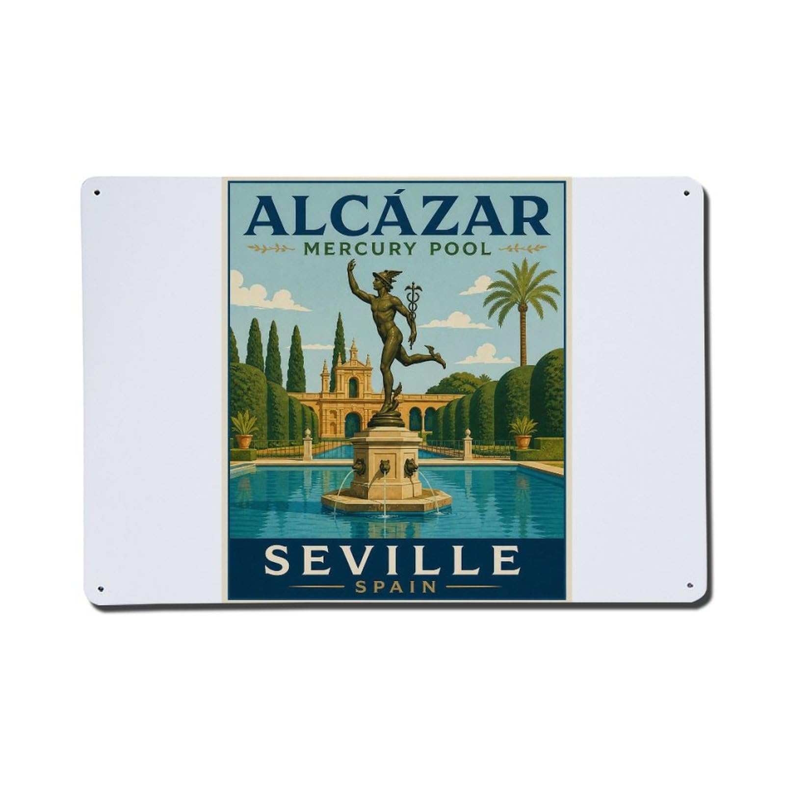 Yrnq 08X12inch Vintage Style Vintage Alcazar Mercury Pool Garden Sculpture Spain Metal Tin Sign