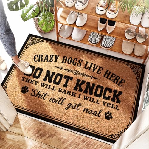 ejxn tappeto d'ingresso con impugnatura per vasca da bagno, crazy dogs live here do not knock they will bark, tappeto in fibra di cocco per esterni, porta d'ingresso, ruggine e pelo alto (50 x 80 cm)