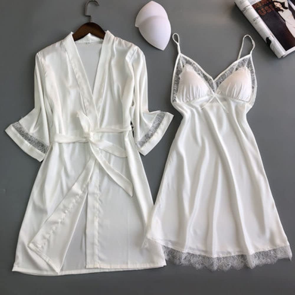Accappatoio Donna,2 Pezzi Set Accappatoio In Raso Camicia Da Notte Sexy Pigiama In Pizzo Con Scollo A V Sling Kimono Vestaglia Con Cintura Leggero Abito Camicia Da Notte Vestaglia Sposa Bademantel D